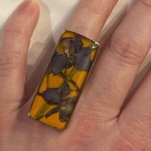 Shari Dixon Statement Ring with Genuine Pressed Flowers Silver Tone Setting